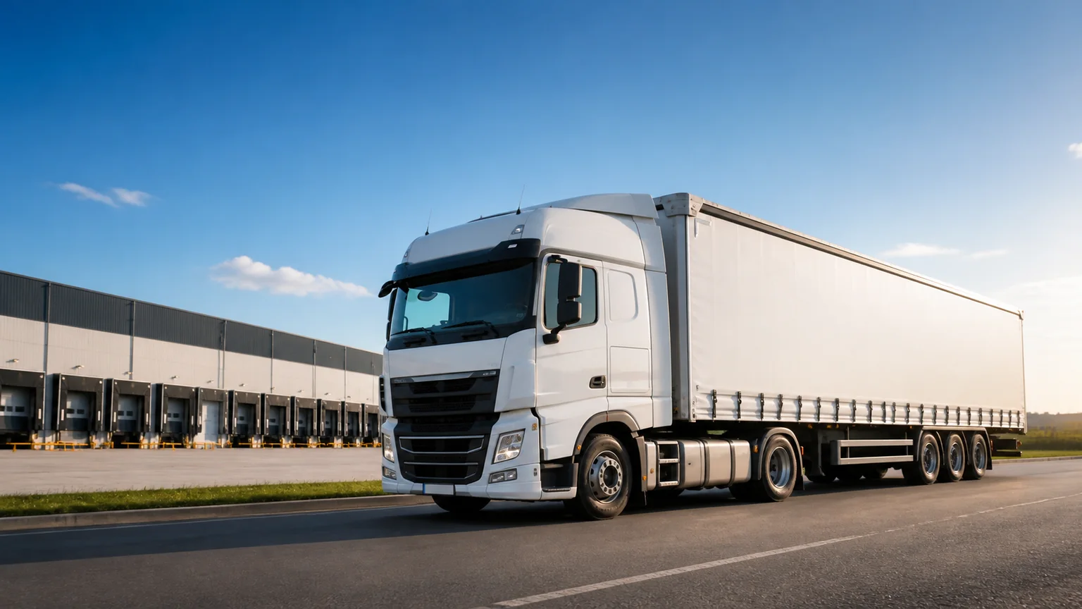 Unbranded articulated lorry clearly shown from the side near a logistics depot